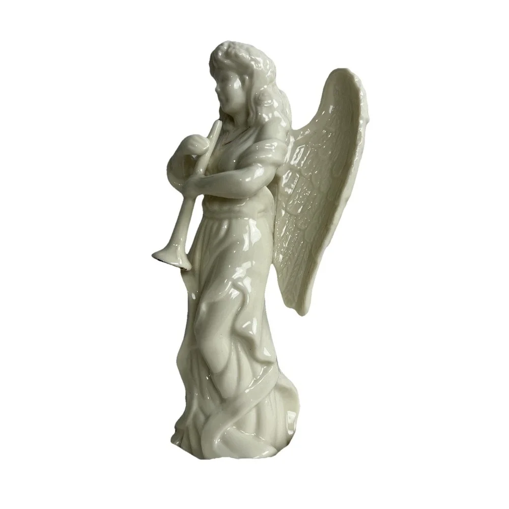 Vintage Angel Horn‎ Cherub White Gold Trim Porcelain Christmas Figurine 8.5